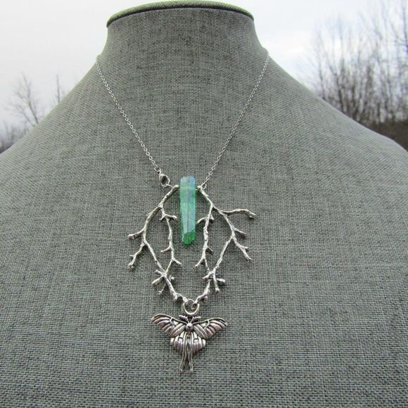 Forest Witch Quartz Branch Moth Statement Necklace Woods - Picture 1 of 6